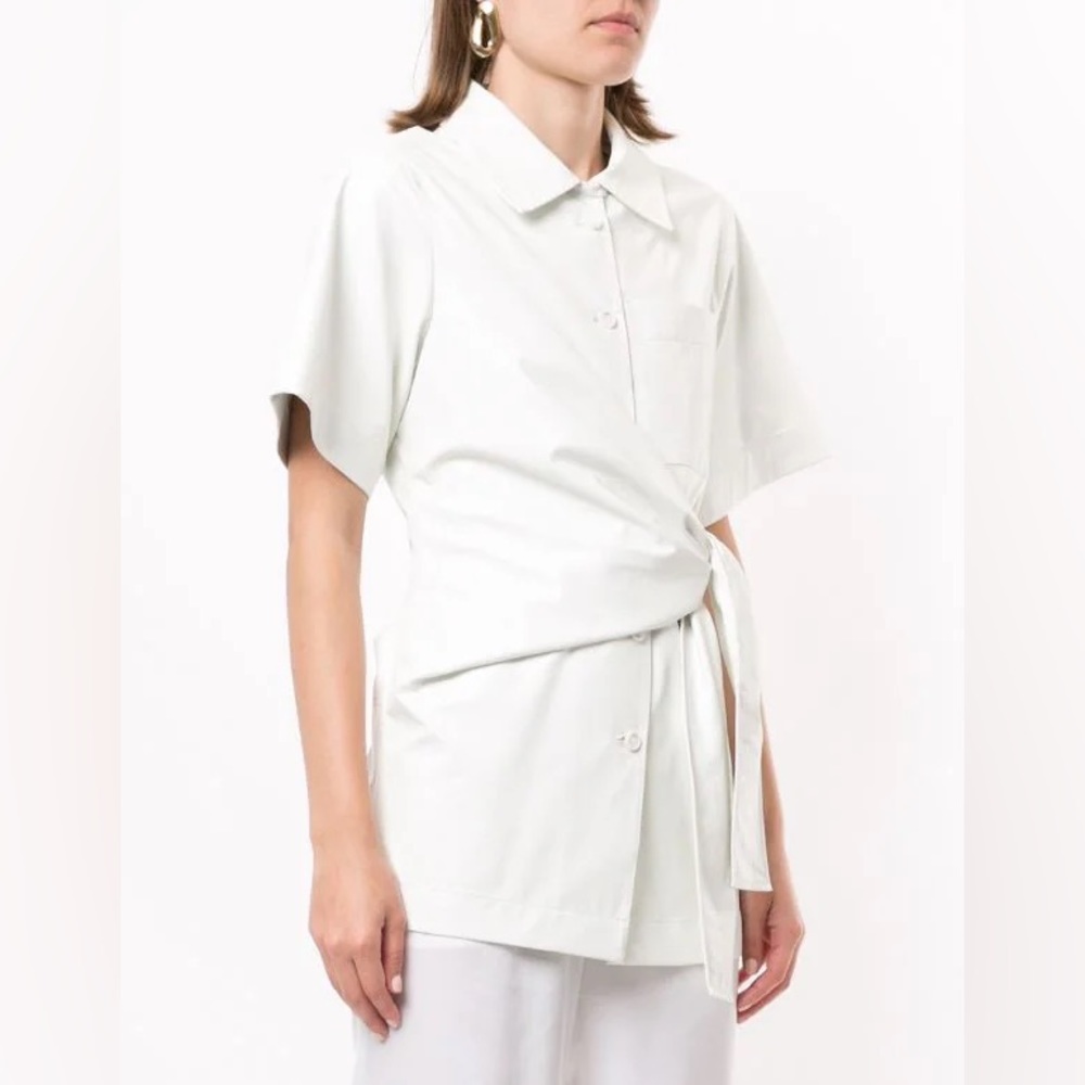 GOEN.J faux leather knotted detail wrap shirt
